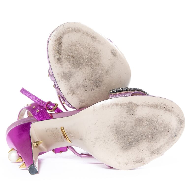 Gucci Fuschia Metallic Crystal Embellished Heels Sandals