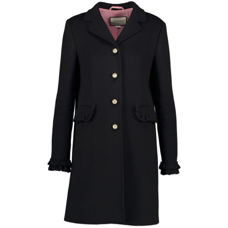 Gucci Black Ruffle Trimmed Wool Coat size IT 42 Labellov