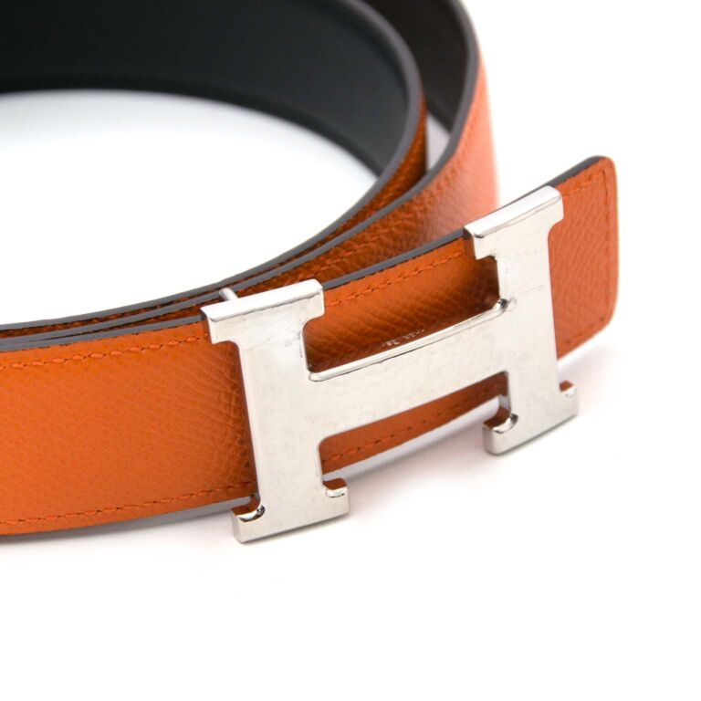 Hermes Black and Orange Leather H Buckle Reversible Belt 65CM