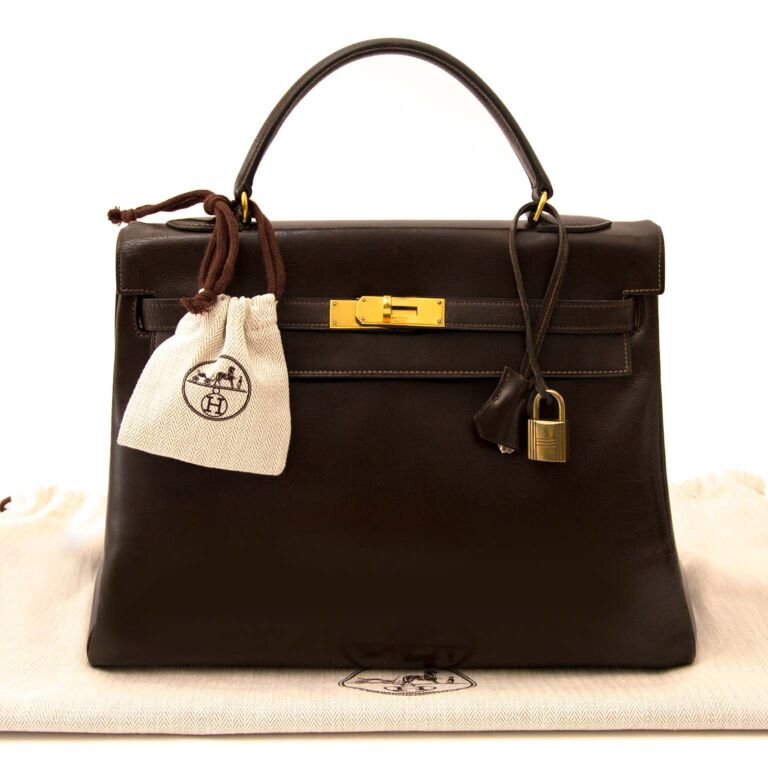 HERMES Kelly 32 Dark Brown Box Calf Leather Gold Hardware