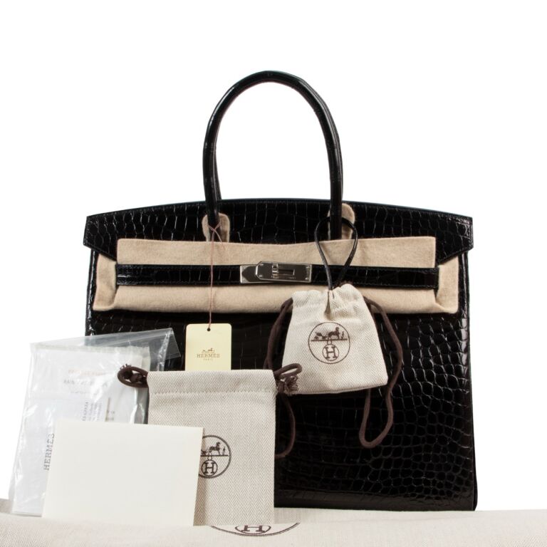 Hermes Shiny Porosus Crocodile Birkin Bag 35 Black