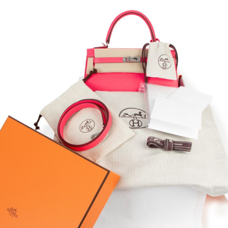 Hermès 25 Kelly Hand Bag Rose Azalee Swift Palladium Mint Box and
