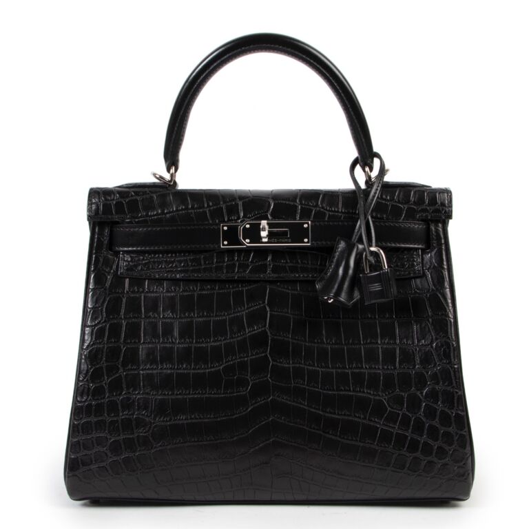 Hermes Kelly 28 matte black crocodile niloticus box calf clemence leather Labellov Buy and Sell Authentic Luxury