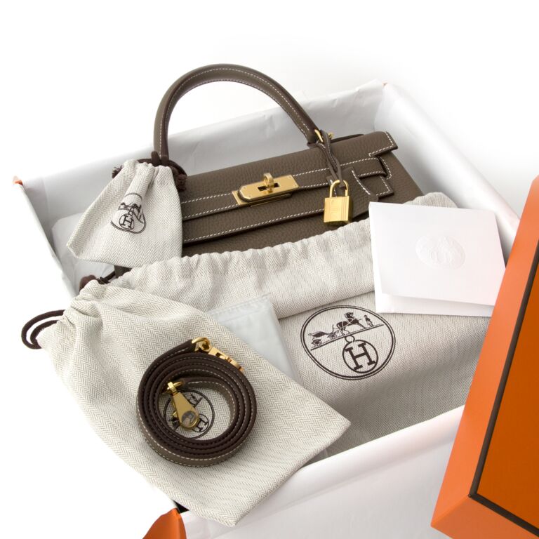 HERMÈS Graphite, Etoupe and Gris Tourterelle Clemence Leather Kelly 35cm  Retourne at 1stDibs