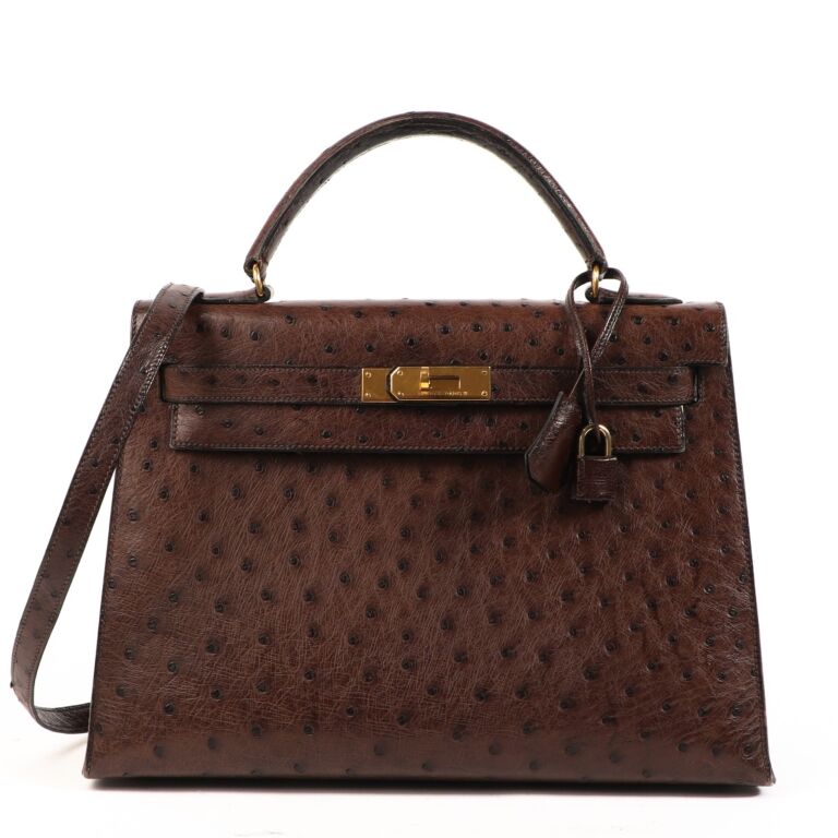 Hermes Kelly Bag Ostrich Leather Gold Hardware In Brown