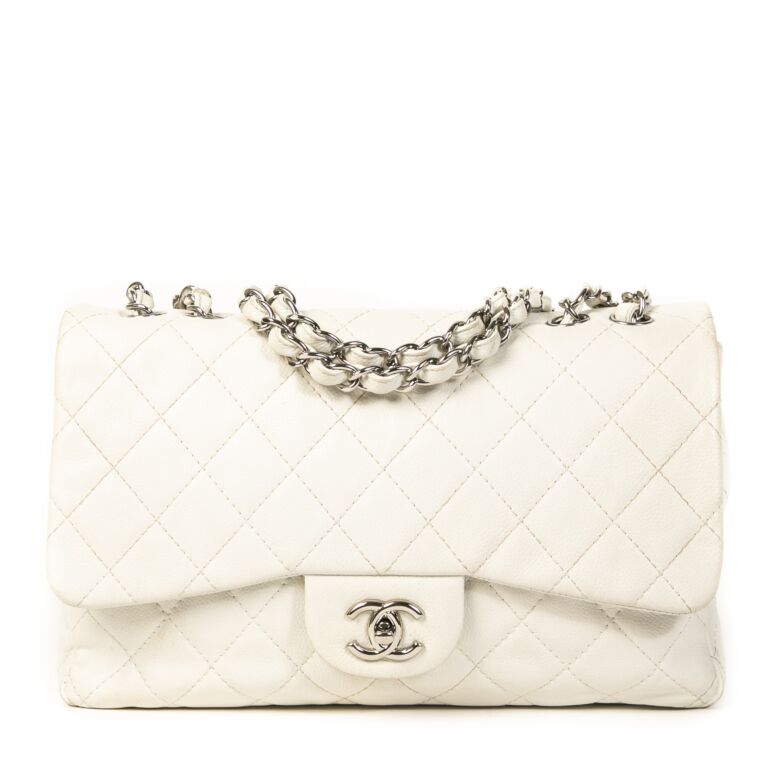 Chanel White Quilted Caviar Leather Classic Single Jumbo Flap Bag - Yoogi's  Closet