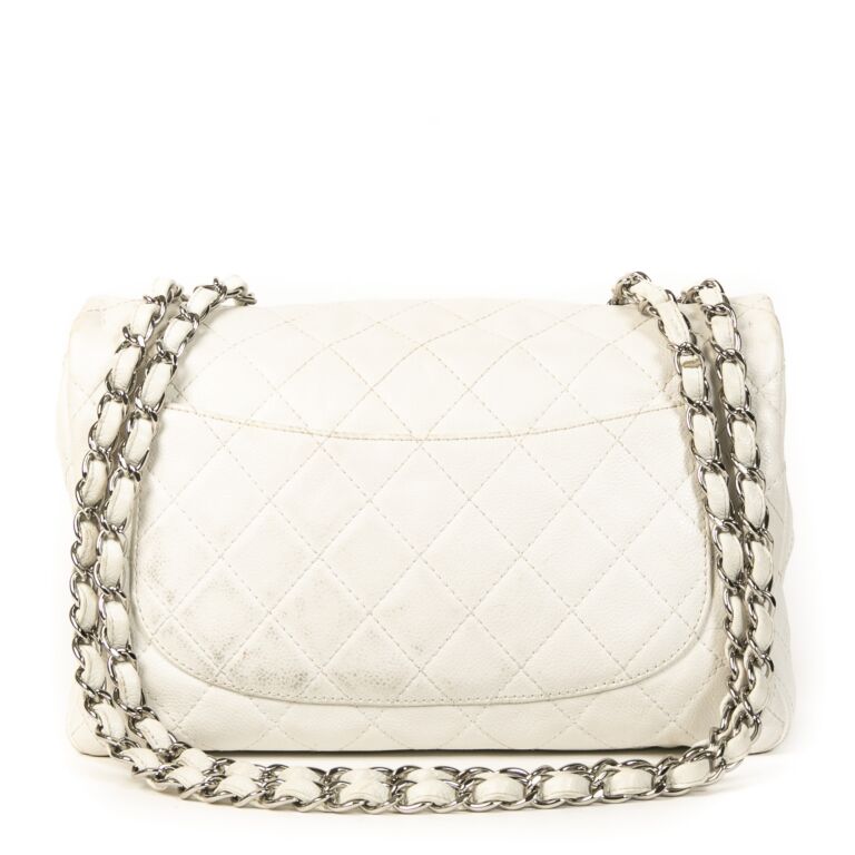 Chanel White Leather Jumbo Classic Single Flap Bag ○ Labellov