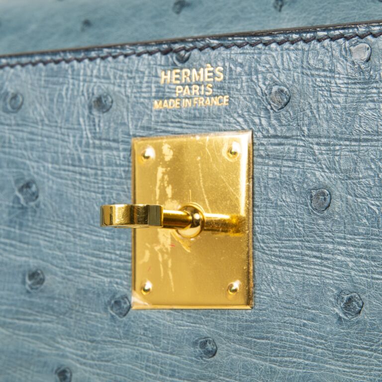 Rent Buy HERMÈS Kelly 32 Blue Jean Ostrich With Gold Hardware