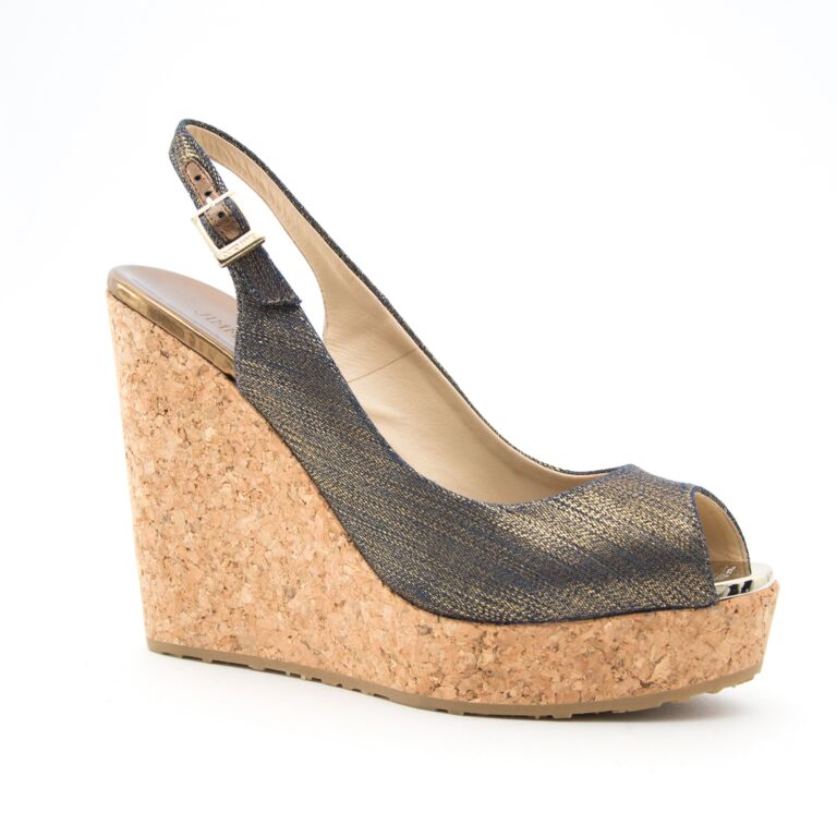 Jimmy Choo Praise Metallic Denim Slingback Wedges Size 36 5