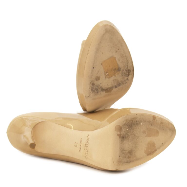 【jimmyChoo】 PATENTLEATHER NUDEサイズ　351/2 JIMMY CHOO Nova 100 Nude Peep Toe Patent Leather Slingback