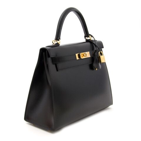 HERMES Vintage Kelly 28 Flap Bag in Black Box Leather