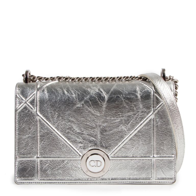 Christian Dior Metallic Silver Lambskin Diorama Flap Bag