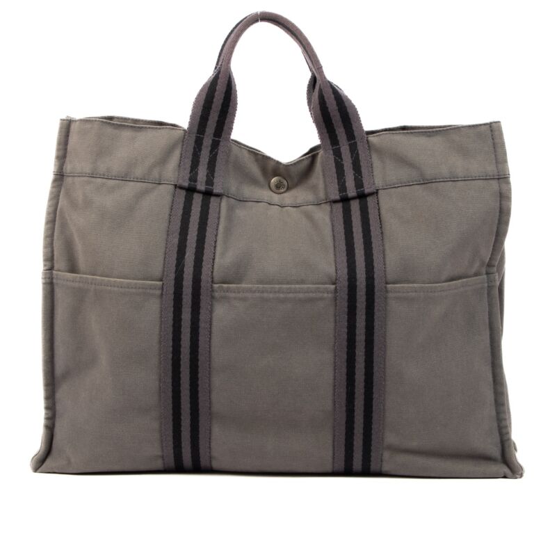 HERMES Authentic Herline Bag Gray Canvas Tout Tote Bag 