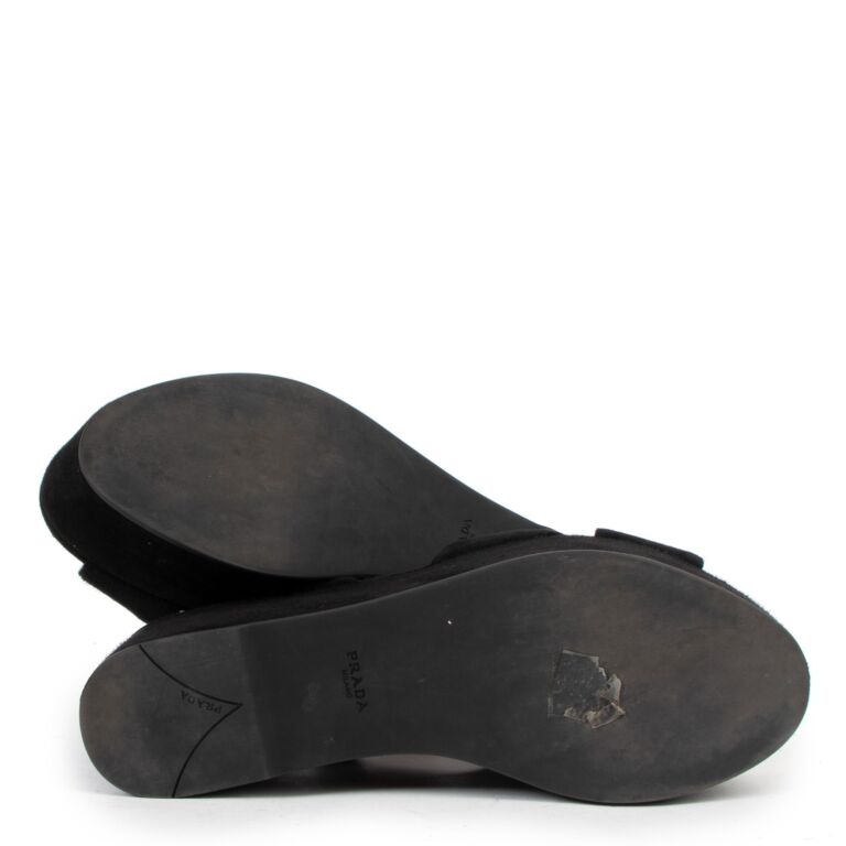 Prada Black Suede Criss Cross Wedge Sandals - Size 36,5