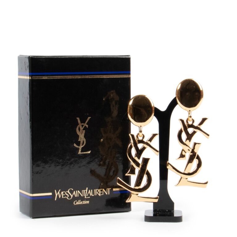 Yves Saint Laurent Gold Pendant YSL Logo Earrings Labellov Buy and Sell Authentic Luxury