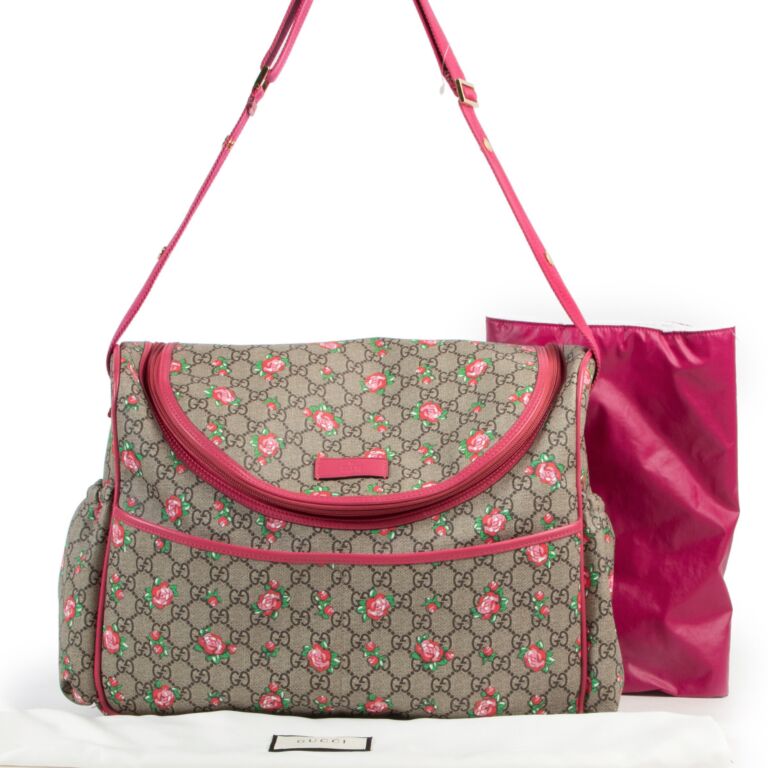 Gucci Rose Bud Zip Pink Print GG Canvas Diaper Bag Beige Girl Baby