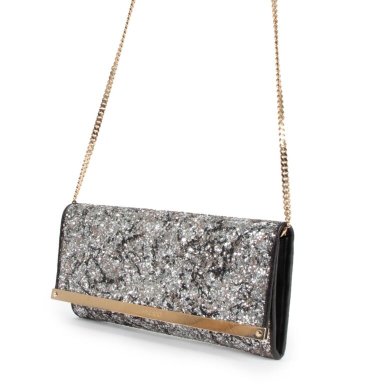 Jimmy Choo Beige Patent Leather Glitter Milla Chain Clutch Jimmy Choo