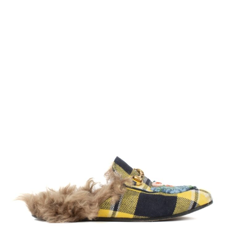Gucci Yellow Check Princetown Fur Mules size 38 Labellov Buy and Sell Authentic Luxury