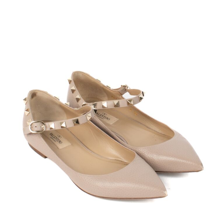 Valentino Garavani Grey Leather Rockstud Ballerinas - Size