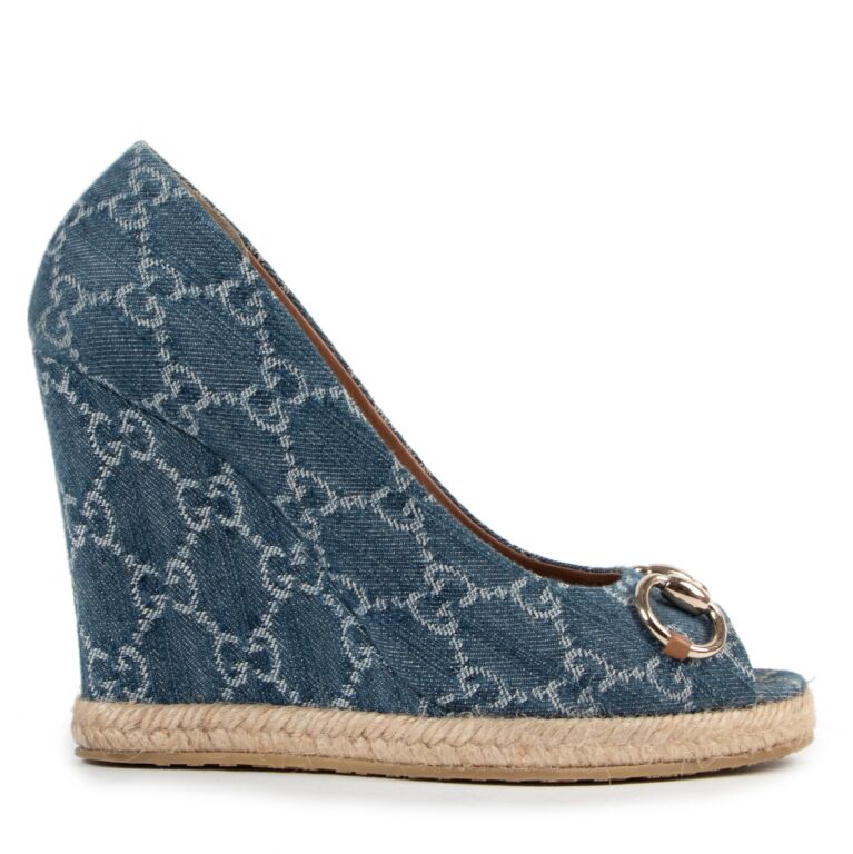 Gucci Blue Denim Horsebit Wedge Heels size 38.5 Labellov