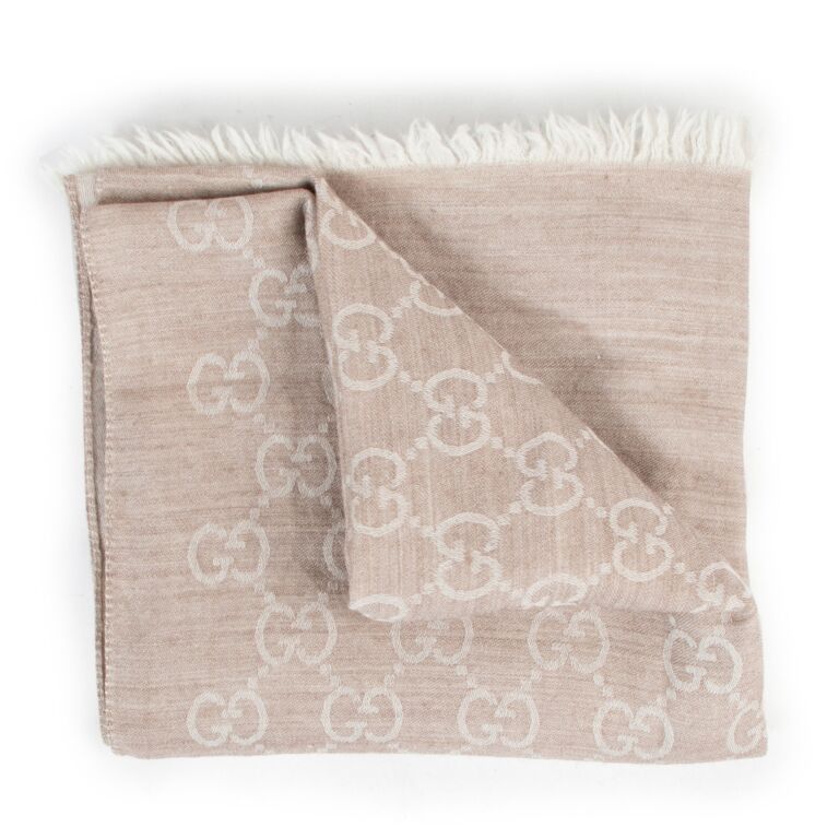 GUCCI Oatmeal Beige Wool / Silk Guccissima Monogram Scarf