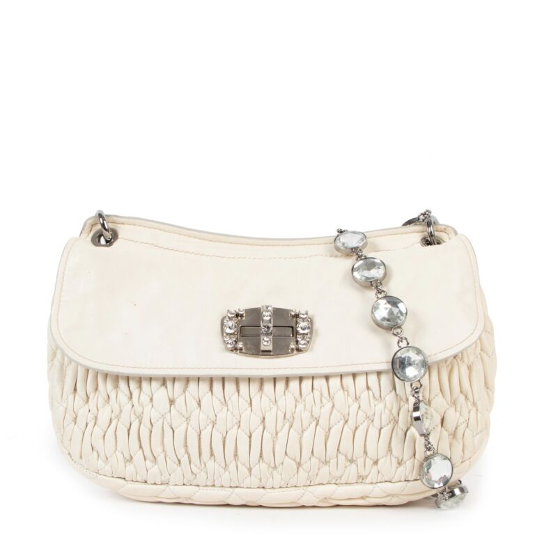 Miu Miu Cream Crystal Cloque Matelasse Turnlock Shoulder Bag Labellov Buy and Sell Authentic Luxury