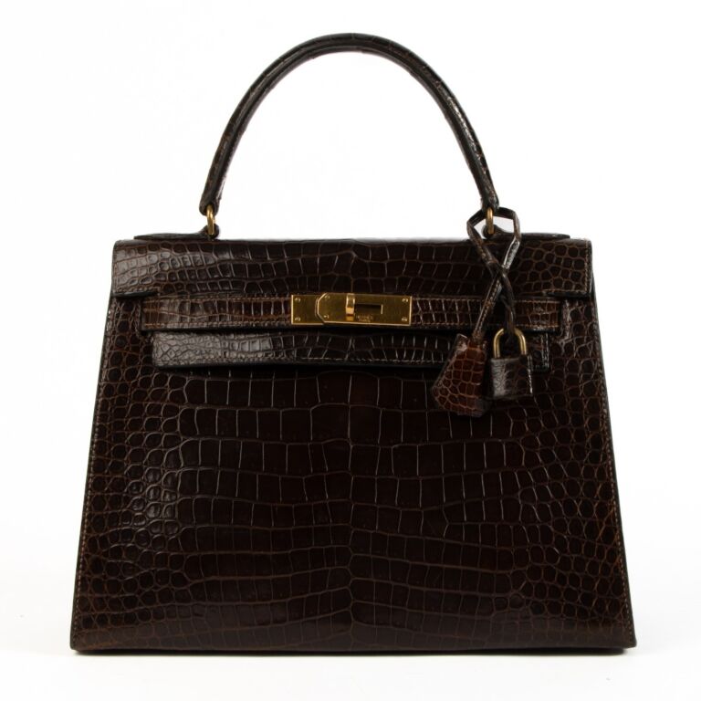 Hermes Vintage Kelly 28 Brown Shiny Porosus Crocodile GHW Labellov Buy and Sell Authentic Luxury