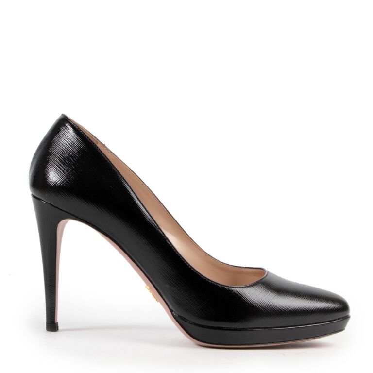 Prada black patent leather top pumps