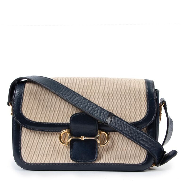 リアル Celine Vintage Bag Horsebit Canvas Leather/Beige Blue ハンドバッグ