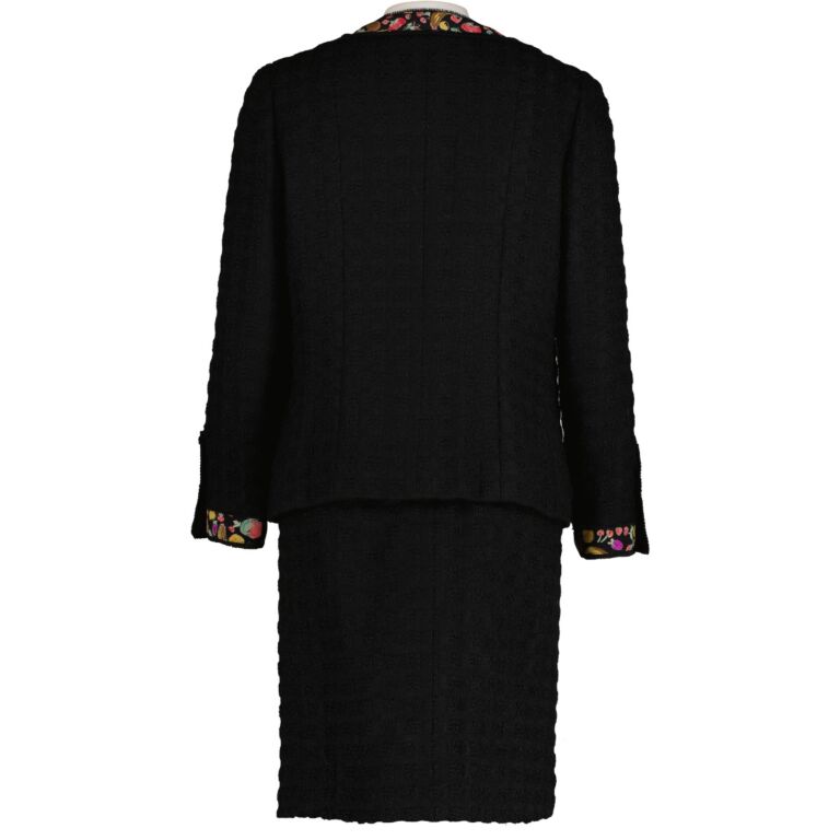 Chanel 1980s Black Tweed Fruit Print Silk Set - Size 40