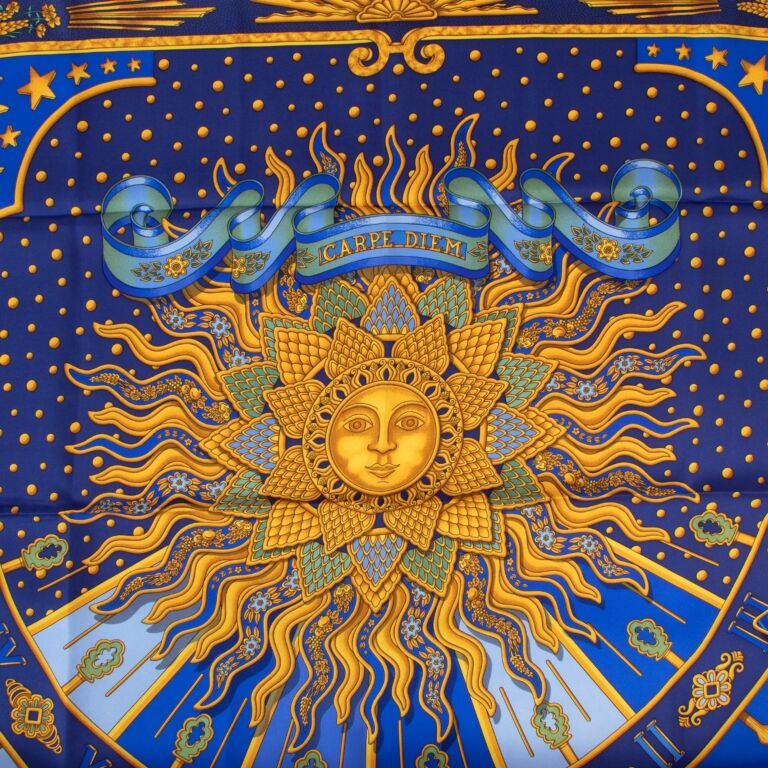 Hermès Blue Carpe Diem Carré 90 Silk Scarf ○ Labellov