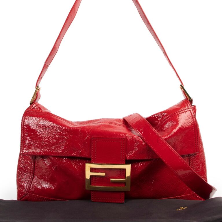 Fendi Red Patent Leather Large Baguette Shoulder Bag ○ Labellov