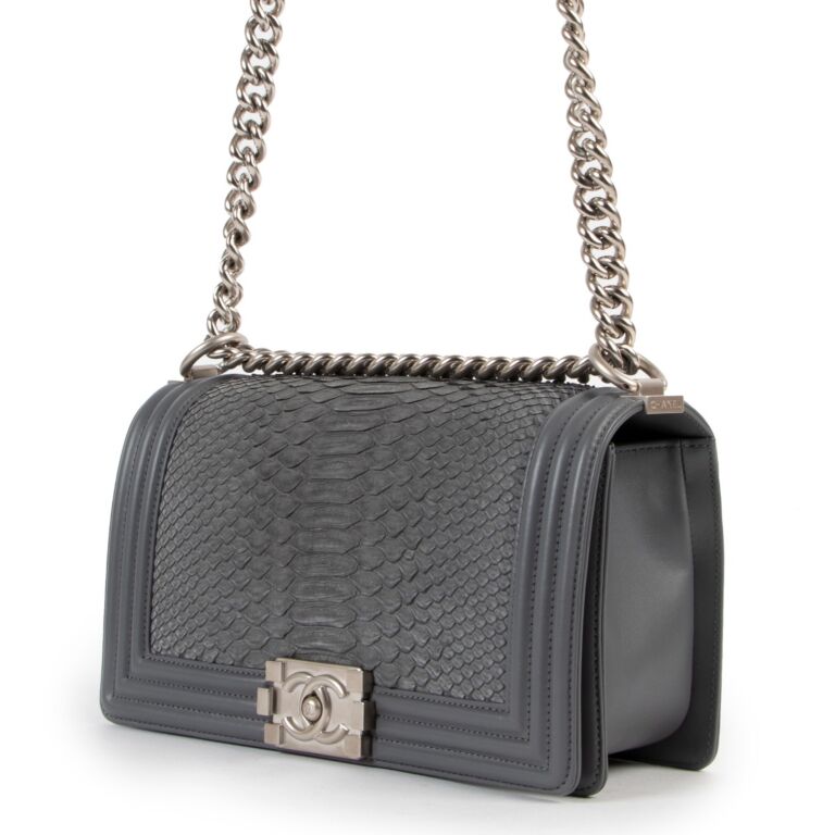 Chanel Grey Python Medium Boy Flap Bag Labellov Buy and Sell Authentic Luxury
