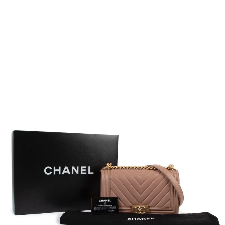Chanel Dark Beige Chevron Quilted Lambskin Medium Boy Bag