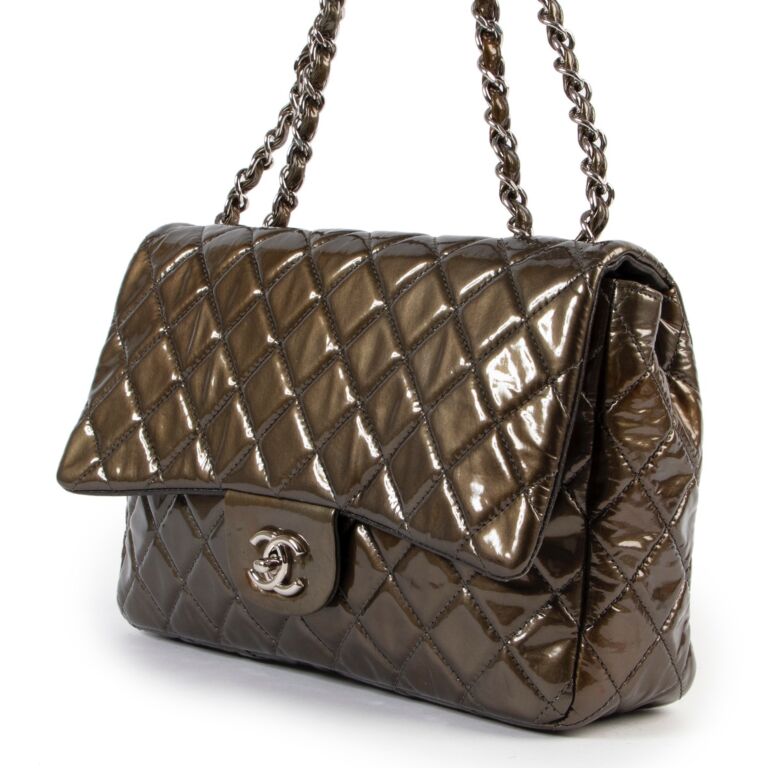 Chanel Olive Green Jumbo Classic Flap Patent Leather Handbag Labellov Buy and Sell Authentic Luxury