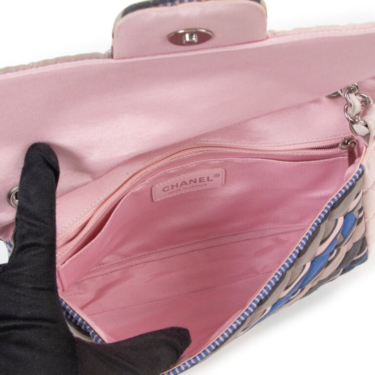 Chanel CC Resort 2009 Pink Blue Striped Quilted Fabric Heart Flap Bag