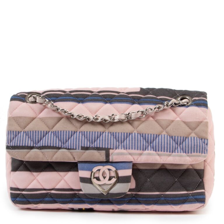 Chanel CC Special Edition Heart Single Flap Shoulder Bag, c. 2009, in  tri-color quilted striped stretch canvas with silver hardware, opening to a  pink sold at auction on 22nd January
