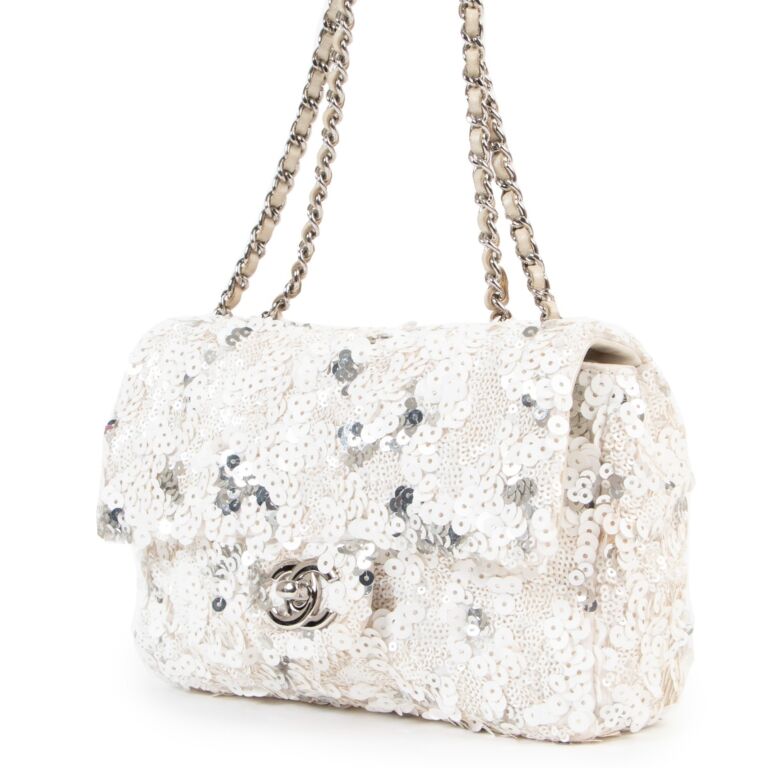 Chanel White Silver Sequin Mini Classic Flap Bag ○ Labellov