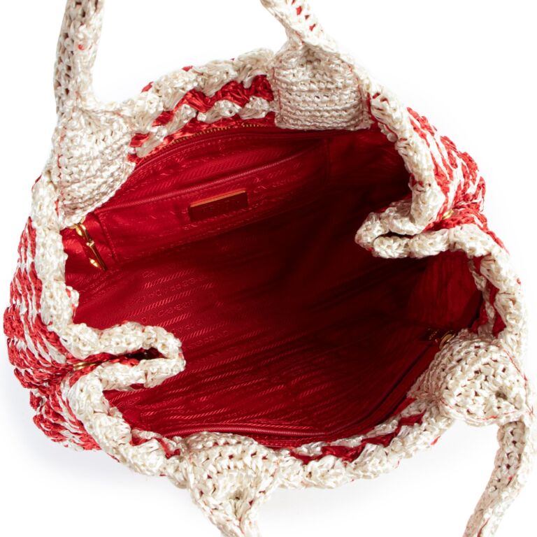 Prada Red Raffia Crochet Canapa Tote Bag ○ Labellov ○ Buy