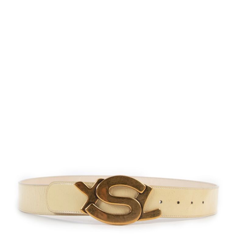 Yves Saint Laurent Vintage Logo Buckle Beige Patent Leather