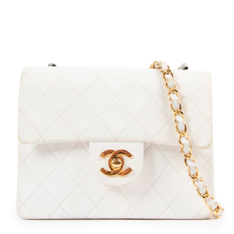 Chanel White Lambskin Mini Square Classic Flap Bag ○ Labellov