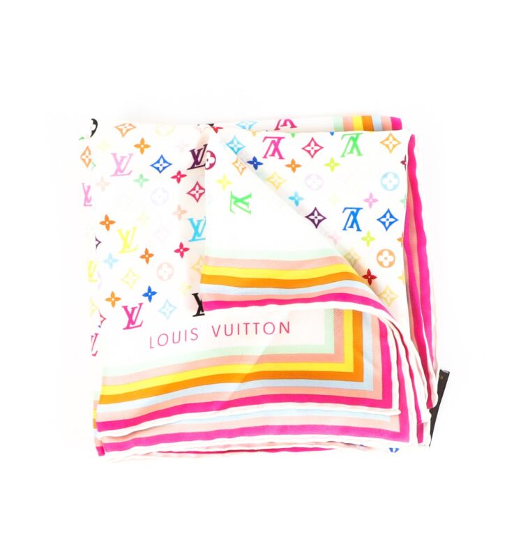 Vintage Louis Vuitton Silk Monogram Multicolor Square LV Scarf White
