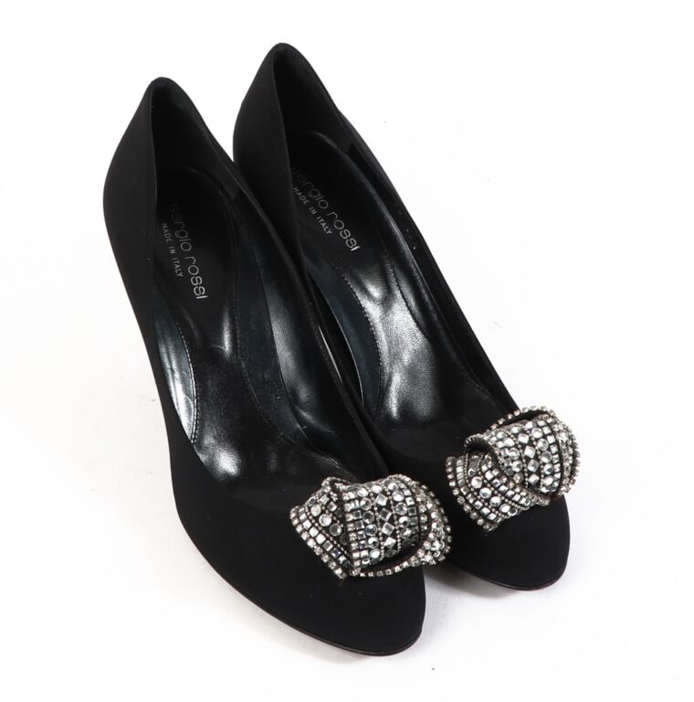 Sergio Rossi Black Leather Crystal Heels - Size 39 1/2 ○ Labellov