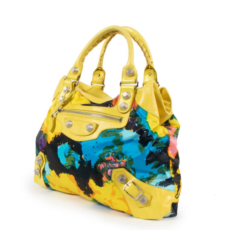 Balenciaga Yellow Floral Print Satin Giant 21 Velo Bag Labellov