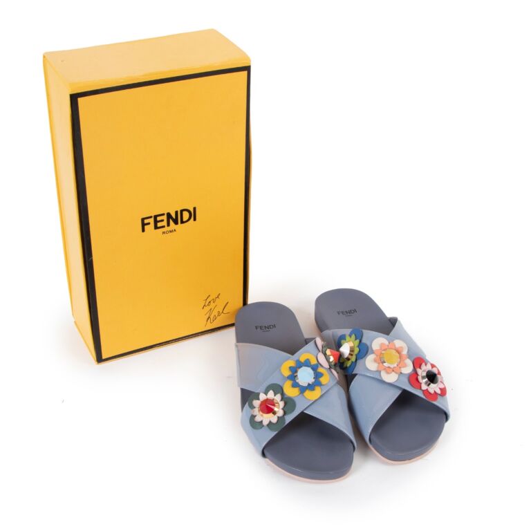 Fendi Manor Blue Patent Leather Flowerland Slide Sandals