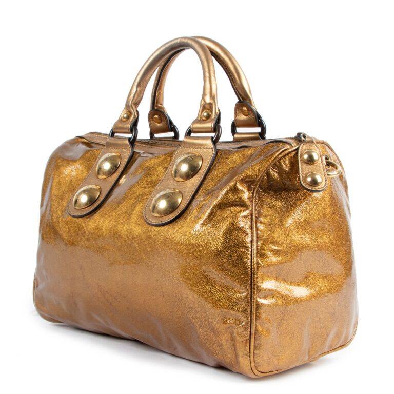 Gucci Babouska Gold Metallic Leather Large Boston Bag Labellov Buy and Sell Authentic Luxury