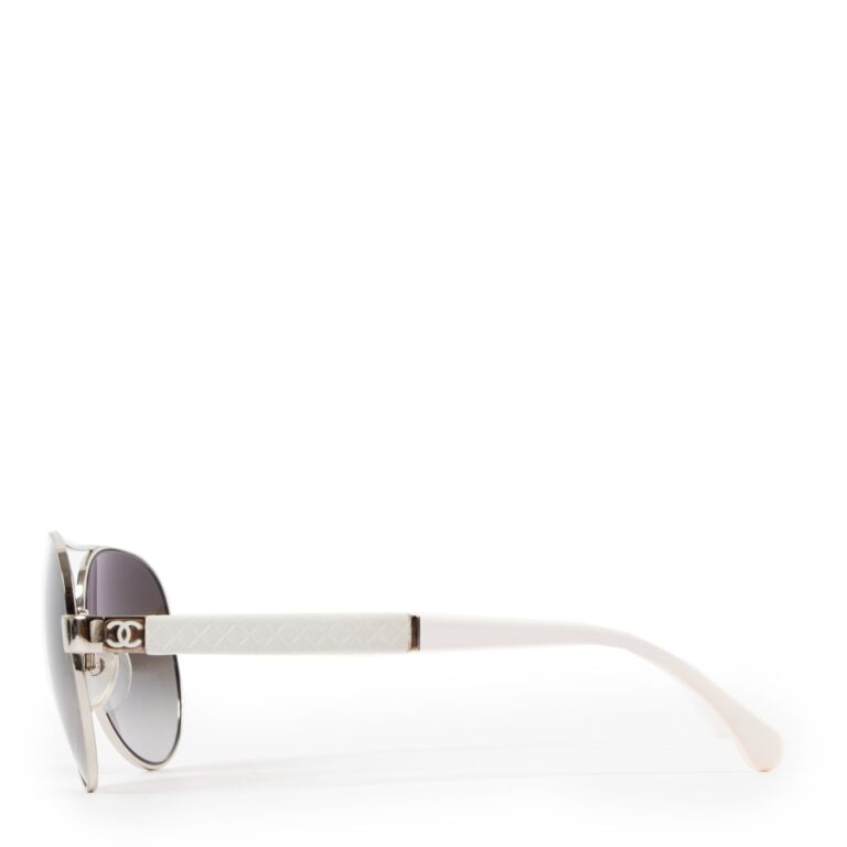 Chanel Silver Aviator with White Quilted Leather Detachable Side Piece