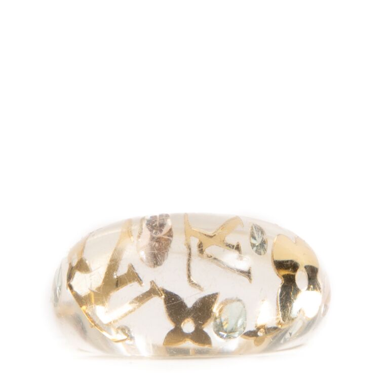 Louis Vuitton Clear Resin Gold Tone Monogram Inclusion Ring Size