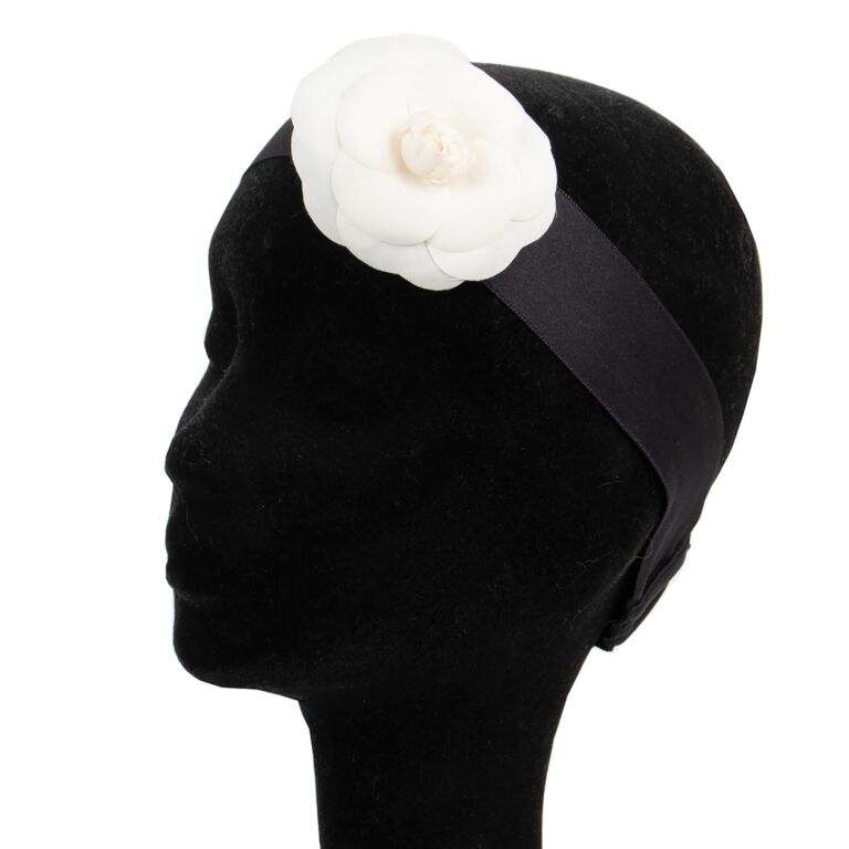 Chanel Black Satin White Camellia Headband ○ Labellov