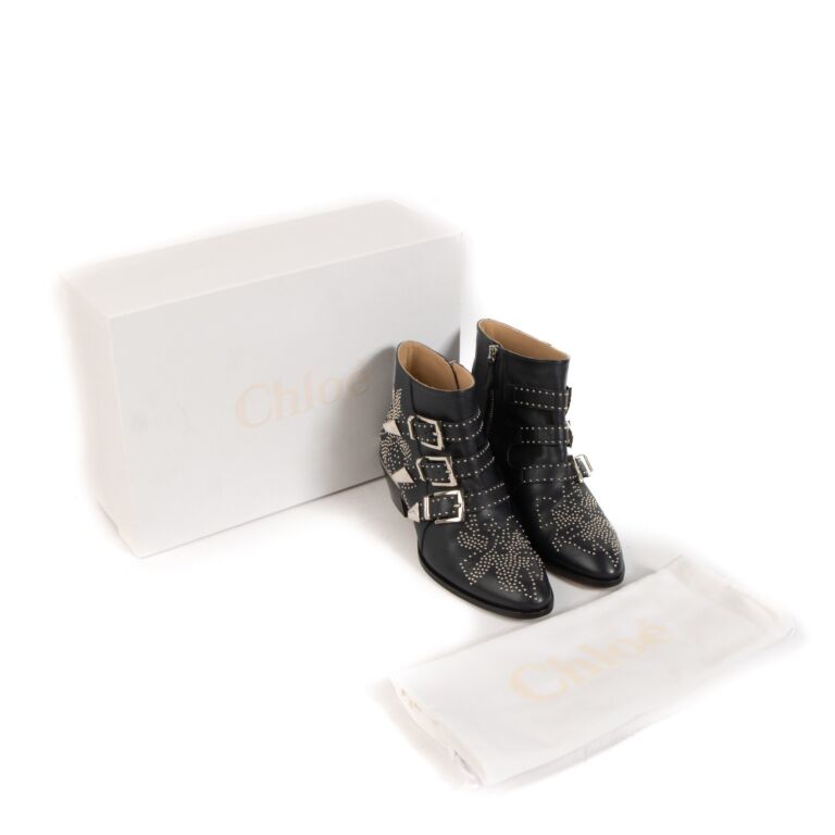 Chlo Black Leather Susanna Stud Ankle Boots Size 38 5